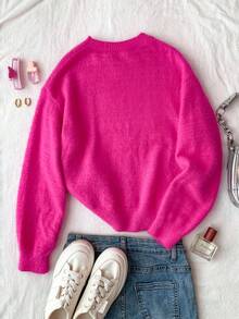 SHEIN Teen Girl Star Pattern Round Neck Drop Shoulder Sweater, Casual Everyday Wear, Autumn/Winter - Pink - View 2