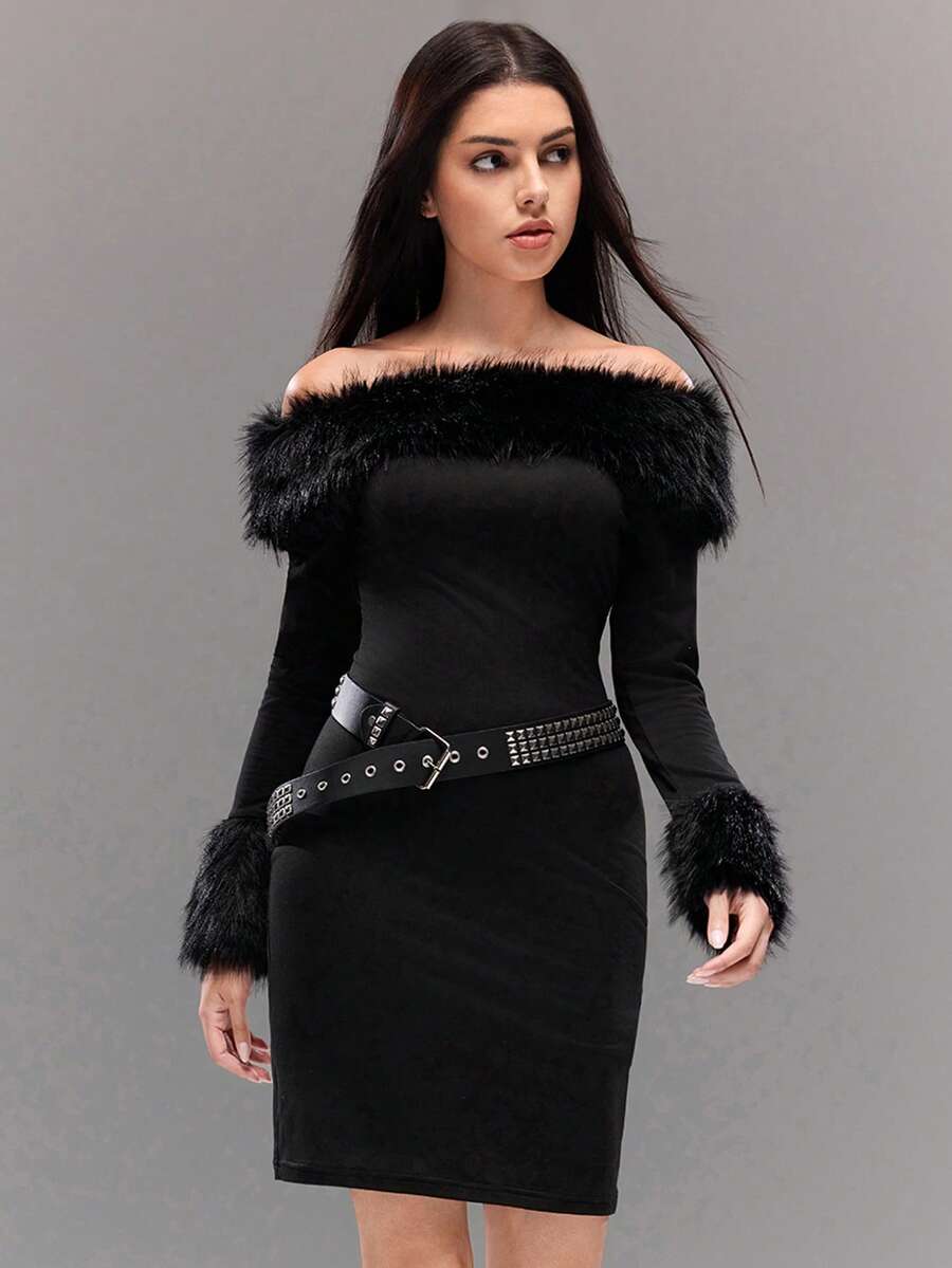 Sparklyn Teenager Mädchen Kuschelig Einschulter Patchwork Strick Figurbetontes Kleid für Herbst/Winter, zarte schulterfreie Gestaltung verleiht Vitalität, kuschelige & gestrickte Patchwork-Optik schafft mehrschichtige Textur, figurbetonter Schnitt schmeichelt der Silhouette, süß aber leicht, geeignet für verschiedene jugendliche Anlässe - Schwarz - Übersicht 1