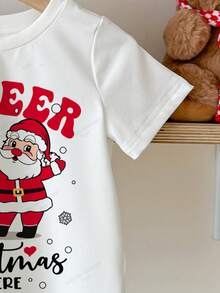 SHEIN 圣诞快乐可爱搞笑卡通圣诞老人和驯鹿图案“Oh Deer”节日年轻女孩休闲简约圆领短袖T恤，适合夏季 - 彩色 - 查看 5