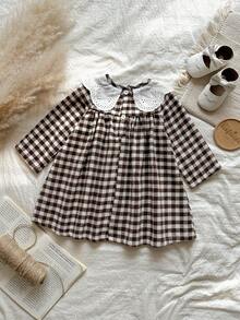 Vintaside Kids Baby Girl Brushed Thickened Warm Dress, Elegant Countryside Style, Fashion All-Match Cute Dress For Spring, Autumn & Winter - Brown - View 2