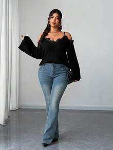 Elenzga Áo len nữ thanh lịch, cổ điển, gợi cảm, thích hợp cho ngày Valentine, tiệc tùng, du lịch, trễ vai, phối ren, tay loe, dáng ôm, cỡ lớn, phong cách Gothic Y2K, viền ren, tay dài, áo croptop, xuân hè thu. - màu đen - Xem 5