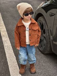 Young Boy复古焦糖棕色灯芯绒口袋翻领纽扣夹克搭配浅桃色柔软保暖羊毛英文“HELLO”衬里服装套装 - 咖啡棕 - 查看 4