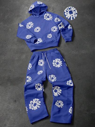 PAVTROS 男士字母印花连帽衫和运动裤套装 蓝色两件套 男士两件套 男士两件套服装 蓝色 蓝色花卉套装