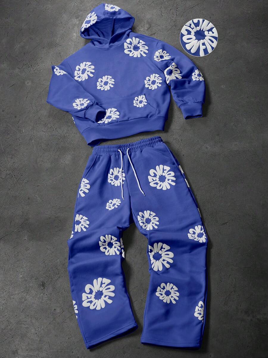 PAVTROS 男士字母印花连帽衫和运动裤套装 蓝色两件套 男士两件套 男士两件套服装 蓝色 蓝色花卉套装 - 藍色 - 查看 1