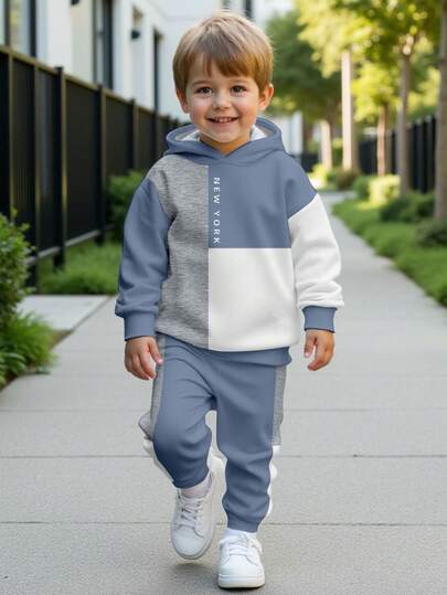 SHEIN 2pcs/Set Boys Casual Classic Colorblock Graphic Print Loose Fit Pullover Hoodie Sweatshirt Set, Suitable For Autumn/Winter