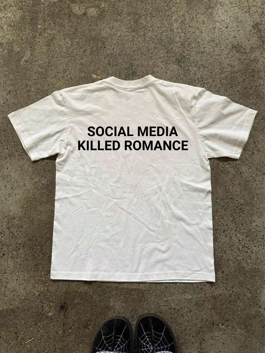 Glimmora 社交媒体扼杀浪漫主义图案印花女式圆领 T 恤 - 白色 - 查看 1