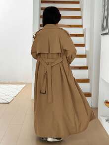 SHEIN EZwear Women's Casual Stylish Minimalist Deep Camel Double-Breasted Belted Long Trench Coat, Autumn Suit Dress Khaki Dress Women Tan Dress Women Coffee Brown Dress,Fall,Fall Clothes For Women - Camel - View 2