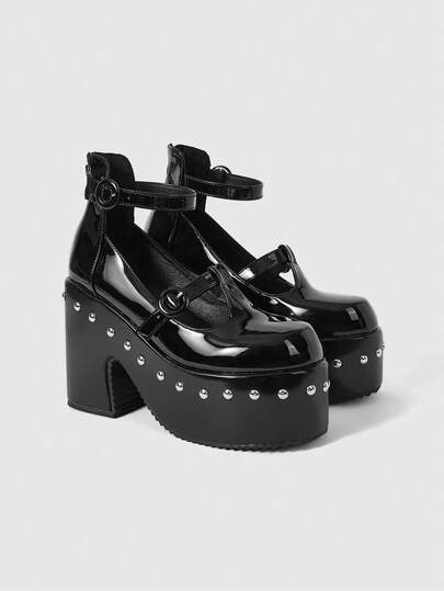 Grunge Punk Women's Fashion Thick Sole Wedge Heel Rivet Decor Ankle Strap Buckle Decor Loafers