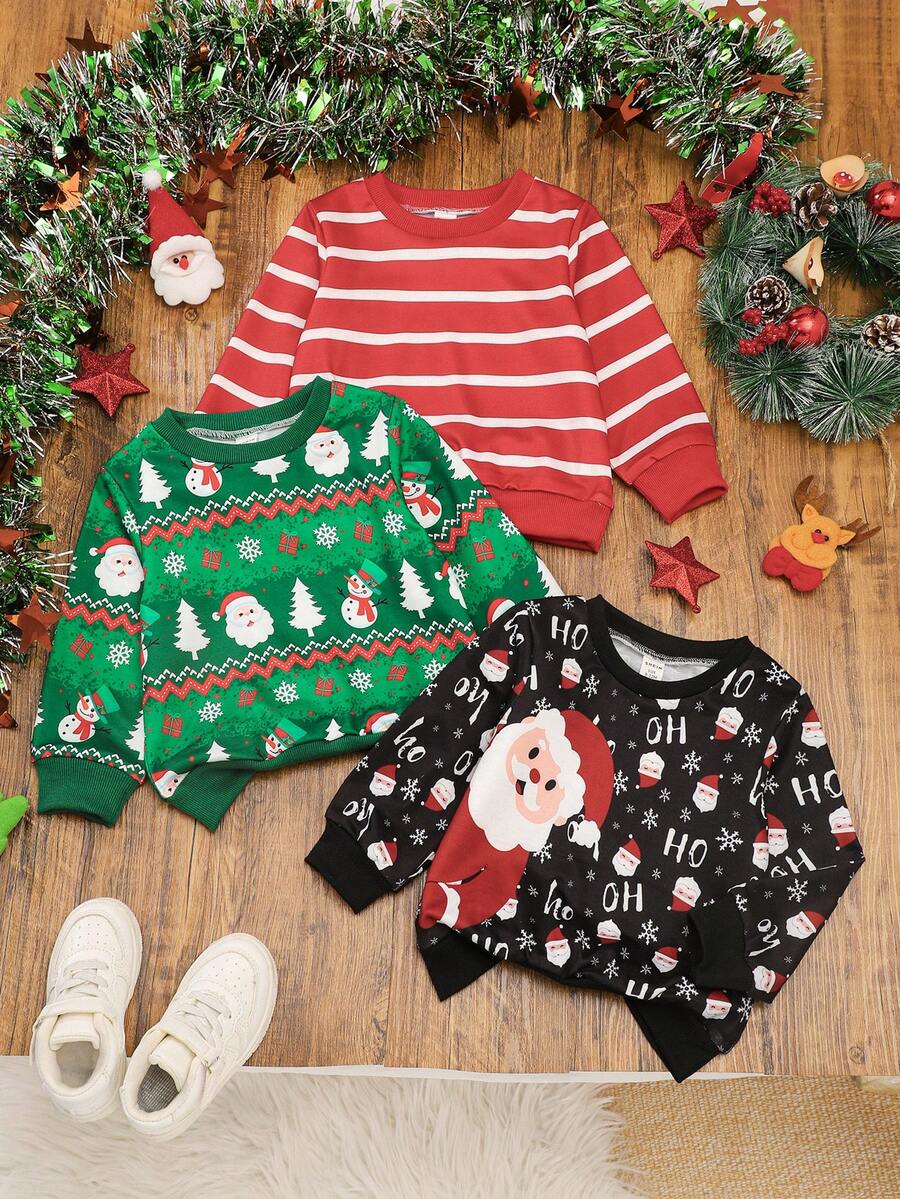 SHEIN Baby Boy Christmas Santa Claus Print Crew Neck Sweatshirt, Casual For Autumn/Winter - Multicolor - View 1