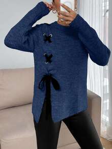 SHEIN Tall Tall Casual Contrast Color Cross Cord Placement Rib Knit Sweater With Slit - Blue - View 7