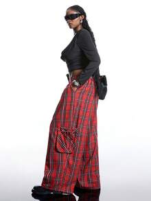 LYSMO 加大码圣诞红色格子宽松工装裤 - 彩色 - 查看 4