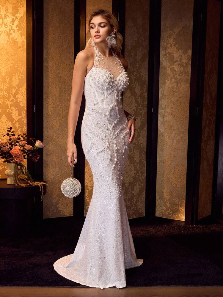 MOTF Soiréza WOMEN'S LUXURY FAUX PEARL BEADED HALTER SEXY ELEGANT MERMAID EVENING GOWN