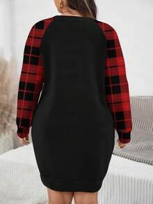 EMERY ROSE Christmas Textured Red Plaid Love Letter Print Casual Minimalist Plus Size Sweatshirt, Autumn/Winter/Valentine's Day - Multicolor - View 2
