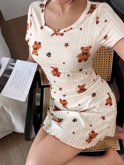 Dream Adore 女士休闲短袖小熊印花可爱睡袍，ins风，夏季