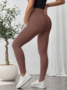 SHEIN Maternity Solid Color Casual High Elasticity Slim Fit High Waist Leggings - Brown - View 2