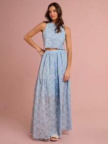 Enchnt 春夏浪漫女士淡蓝色精致花卉刺绣背心和长裙两件套服装，甜美优雅，适合度假、约会、节日、派对、毕业典礼、婚礼嘉宾和海滩，女士夏季服装，女士两件套，夏季服装