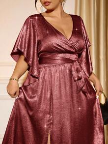 Cravure 大码女式 V 领宽松短袖系腰荷叶边下摆优雅长款派对连衣裙 - 酒紅色 - 查看 3