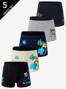 5 件装趣味电子游戏印花棉质平角内裤，适合小男孩，舒适内衣 - 彩色 - 查看 3