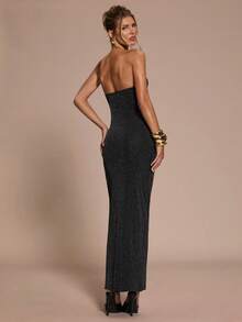 SHEIN BAE 女士优雅金属花朵装饰露肩连衣裙，夏季 - 黑色 - 查看 2