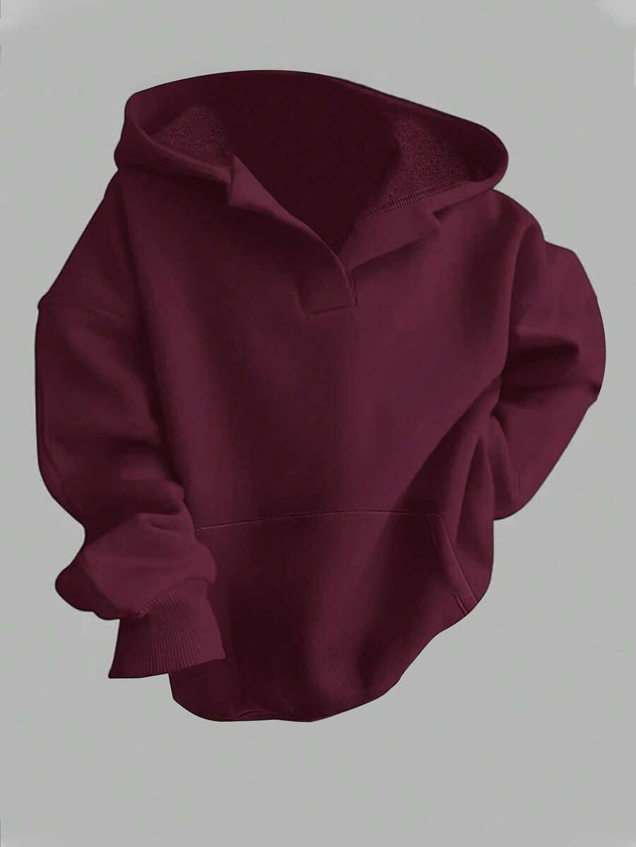 SHEIN EZwear 休闲宽松女式紫红色长袖卫衣,带口袋,适合秋冬季节穿着,秋季女装,圣诞节必备单品 - 中紫紅色 - 查看 1