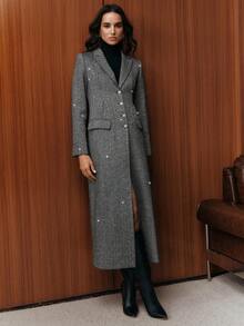 Anewsta Abrigo largo de mujer vintage de espiguilla gris con bordado de lentejuelas, de una sola hilera, con cintura ceñida, adecuado para otoño, invierno, salir, elegante, formal, fiesta, chic, Año Nuevo, Navidad, trabajo