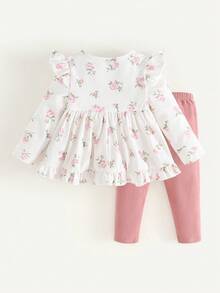 Cozy Pixies Bộ 2 áo tay dài cổ bèo nhún in hoa và quần legging màu trơn cho bé gái - Nhiều màu - Xem 2