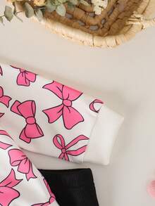 SHEIN Bộ đồ 2 món cho bé gái, gồm áo nỉ in nơ màu hồng, kiểu dáng rộng rãi thoải mái và quần dài, thời trang và đa năng. - Hồng - Xem 5