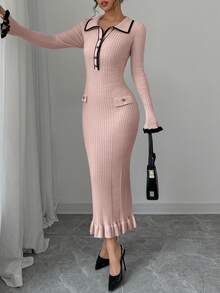 Elenzga Collared Color Block Trim Fitted Elegant Long Sleeve Sweater Dress - Pink - View 6