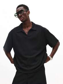 SUMWON Short Sleeve Ribbed Knit Polo Shirt Collared Button Placket Summer Casual Wear