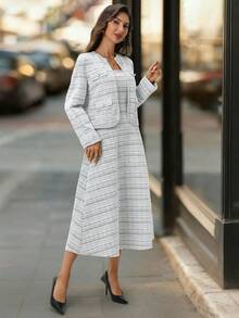 Ellevyn 女士珍珠纽扣针织开衫长袖外套和格子方领收腰修身 A 字连衣裙两件套，适合秋冬季日常、通勤、外出穿着 - 黑與白 - 查看 3