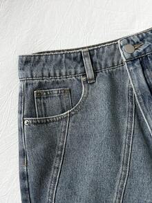 Elamini Damen Lässiger Mode Reißverschluss Schlitz Saum Locker Denim Rock - Blau - Übersicht 3