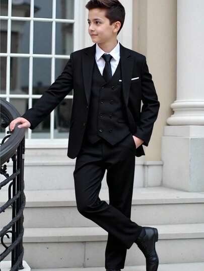 SHEIN 3pcs Teen Boy Gentleman Suit Set: Black Slim-Fit Single-Breasted Blazer + Black Double-Breasted Slim-Fit Vest + Black Textured Slim-Fit Dress Pants. Elegant, Casual Outdoor Formal Outfit Suitable For Birthday Party, Gala, Performance, Hosting, Wedding Season - Birthday, Wedding, Wedding Guest, Pageboy, Ring Boy