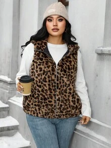 EMERY ROSE Veste sans manches rembourrée, zippée, à capuche, en fausse fourrure avec imprimé léopard, style classique, élégante et décontractée, pour femmes grandes tailles - Tabac - Voir 4