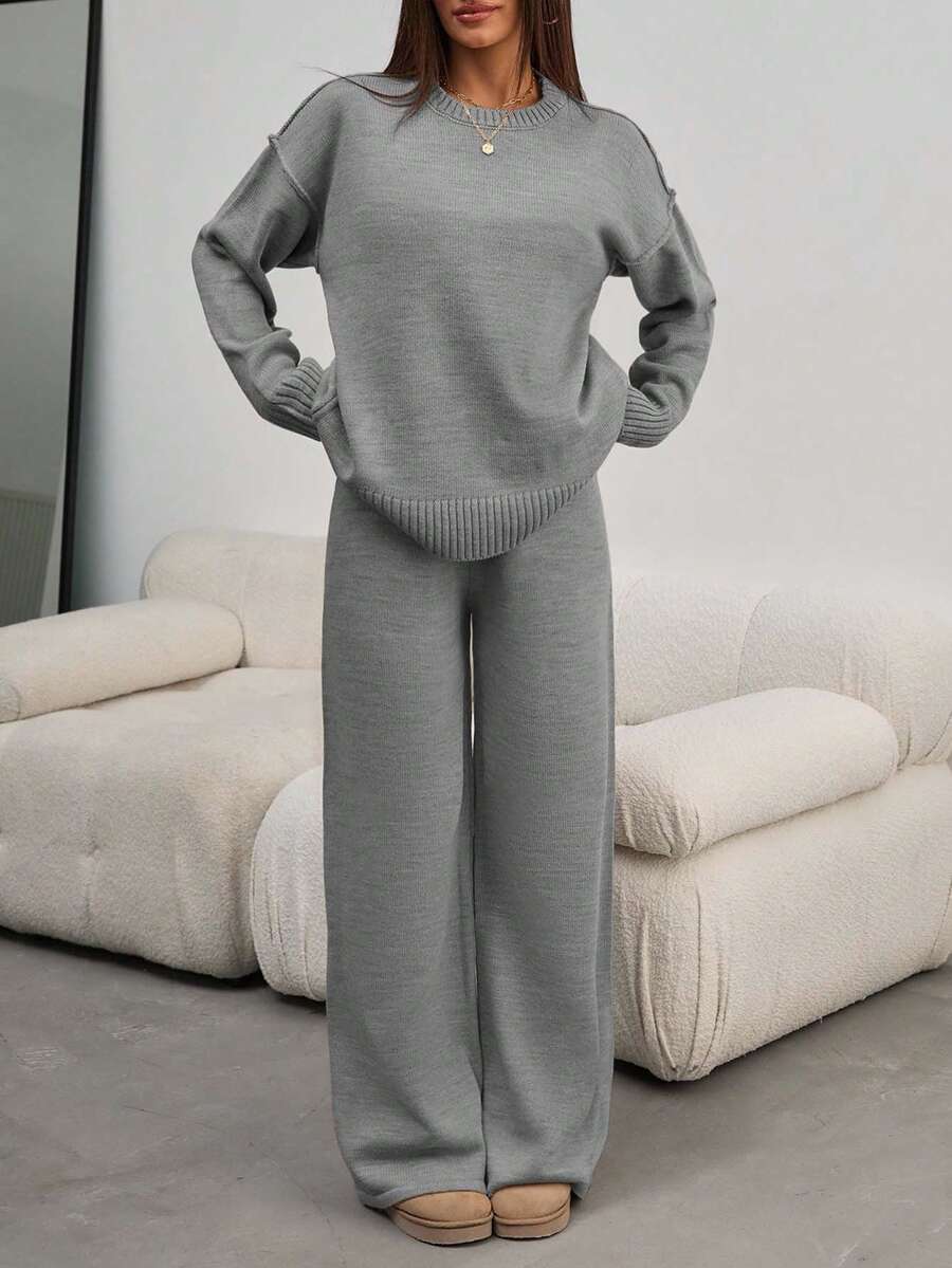 EURMUSE Women Round Neck Rib Knitted Sweater And Sweater Pant 2pcs Sets Co-Ord - Grey - View 1