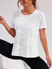 SHEIN Sports 3 件大码女式休闲运动上衣，迷彩，提花，网眼拼接，圆领，不对称下摆，适合宽松运动装，日常休闲，跑步，瑜伽，健身，网球，春夏/秋季 - 彩色 - 查看 5
