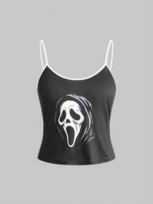 ROMWE Goth 大码女式哥特式小恶魔图案撞色吊带背心和短裤睡衣套装