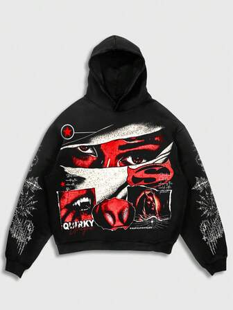 Street Life Felpa con cappuccio da uomo, stile casual da strada, popolare felpa corta con stampa grafica occhio americano, autunno/inverno