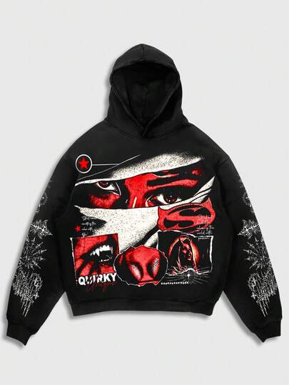 Street Life Men's Hooded Sweatshirt, Street Style, Popular American Eye Graphic Print Short Hoodie, Autumn/Winter