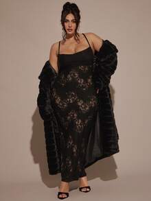 SHEIN BAE Plus Size Women Elegant Sexy Lace Long Dress,Elegant Dress,Winter, Summer,Cozy Fall And Winter,Halloween Costume, Christmas Outfit,New Year Outfit,Thanksgiving Plus Size,Elegant Dresses For Party,Sexy Club Outfits,Cozy Fall & Winter Styles,Plus Size Halloween Costumes,Formal Dresses,Wedding Guest Dress,Plus Size,Halloween Costumes Plus Size,Black Dress, Cocktail Dress,Birthday Party - Black - View 2