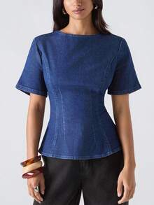 LYSMO 女式休闲时尚街头拉链短袖修身牛仔夹克 - 中等水洗藍 - 查看 1