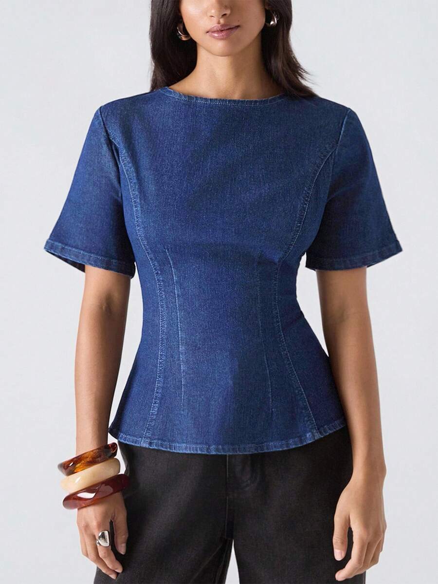 LYSMO 女式休闲时尚街头拉链短袖修身牛仔夹克 - 中等水洗藍 - 查看 1