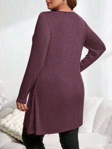EMERY ROSE Plus Size Red Asymmetrical Hem Button Down Long Tee,Fall Women Clothes - Burgundy - View 2