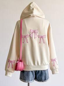 Sweetra Young 1 件女童拉链连帽夹克，长袖，抽绳腰部，背部和袖子上有蝴蝶刺绣图案 - 杏色 - 查看 2