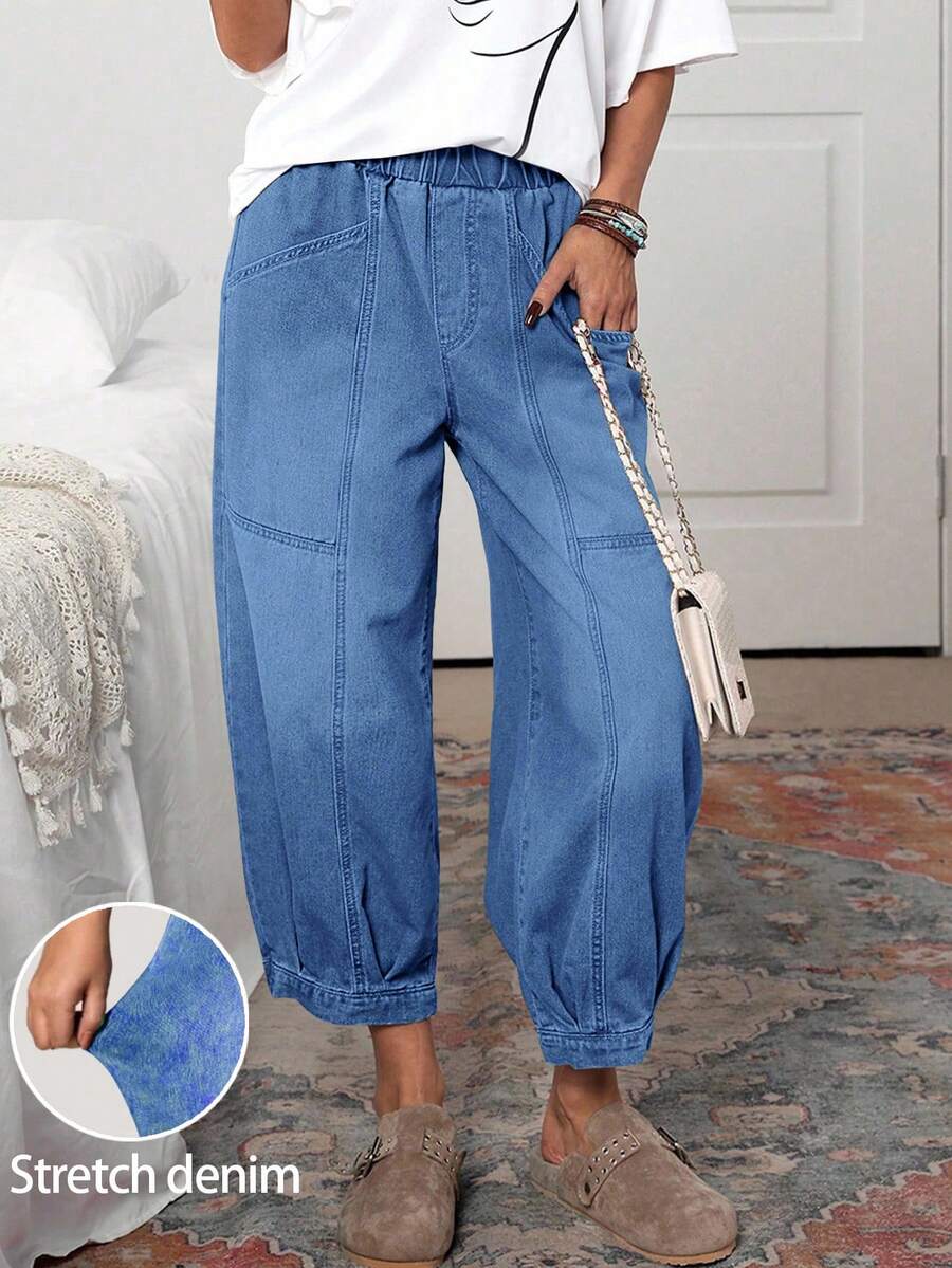 EMERY ROSE Quần jean nữ dáng rộng cạp chun màu trơn, dáng suông, thường ngày - Màu xanh lam - Xem 1