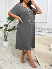 Plus Size Simple And Elegant Deep Grey Midi Length Pajama Night Dress With Bowknot Embellishment