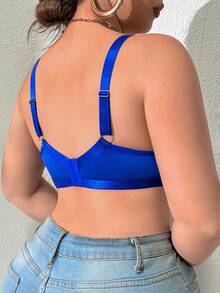 Plus Size Wireless Curve Bralette, Minimalist Style, Navy Blue See Through Bralette Mesh Bra - Royal Blue - View 2