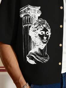 SWAVVY 男士落肩长袖前扣休闲百搭宽松罗马肖像印花衬衫 - 黑色 - 查看 4