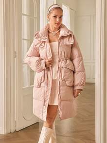 Chiquease 全新时尚休闲别致简约高端拉链连帽领中长款棉服外套 - 粉色 - 查看 3