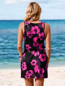 Sylviya 女式休闲黑色底印花迷你连衣裙，适合春夏季 - 彩色 - 查看 2