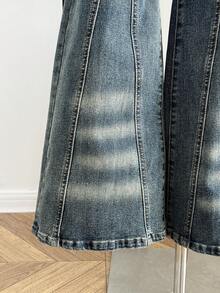 Elamini 女士休闲时尚西式度假风打结喇叭腿牛仔裤，不含腰带 - 藍色 - 查看 3